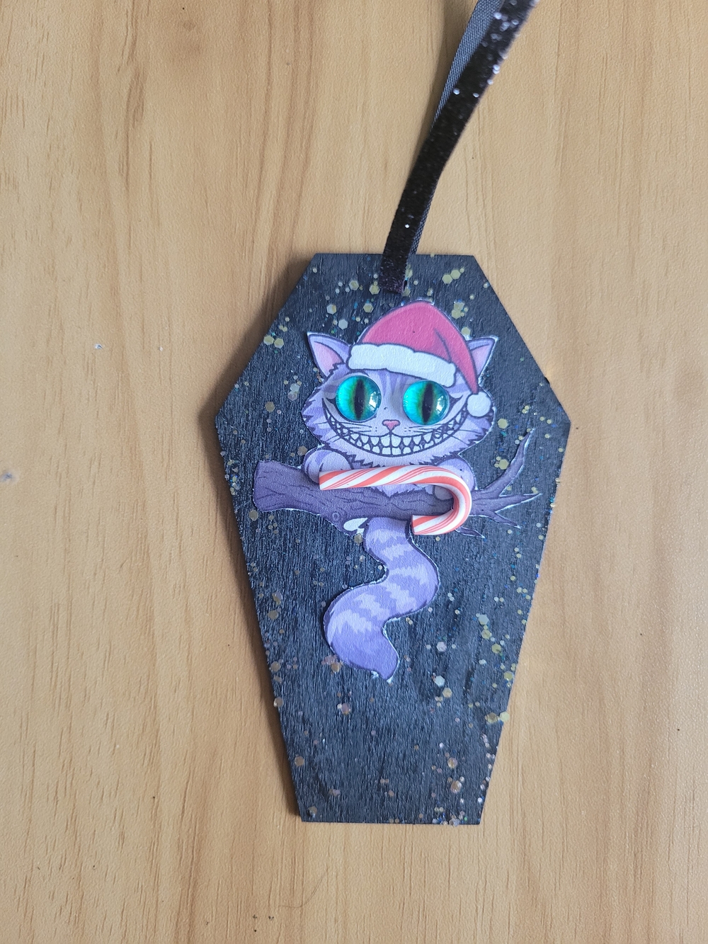 🧋NEW🧋Whimsical Purple Cat Coffin Ornament with Candy Cane